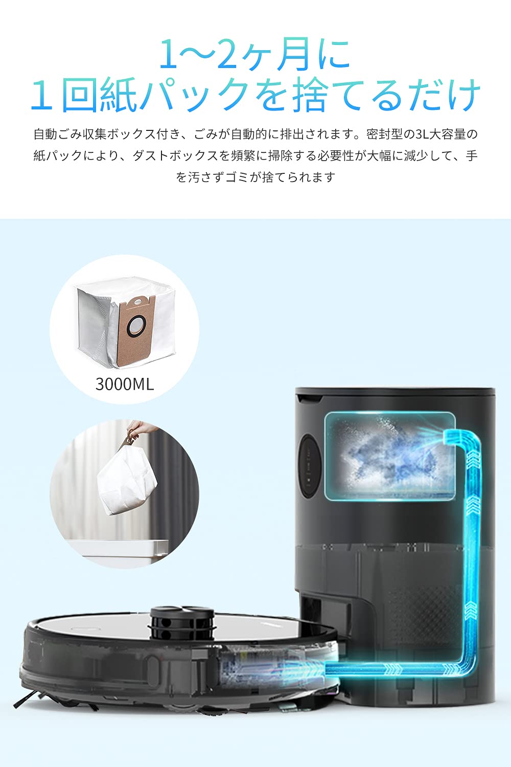 AIRROBO T10+ ロボット掃除機 自動ごみ収集 レーザーナビゲーション 2700Pa 超強力吸引 高精度マッピング 進入禁止エリア 自動 水拭き 2.4GWi-Fi対応 250分間連続稼働 自動充電 落下防止 衝突防止 床拭き 拭き掃除リモコン付き ロボットクリーナー