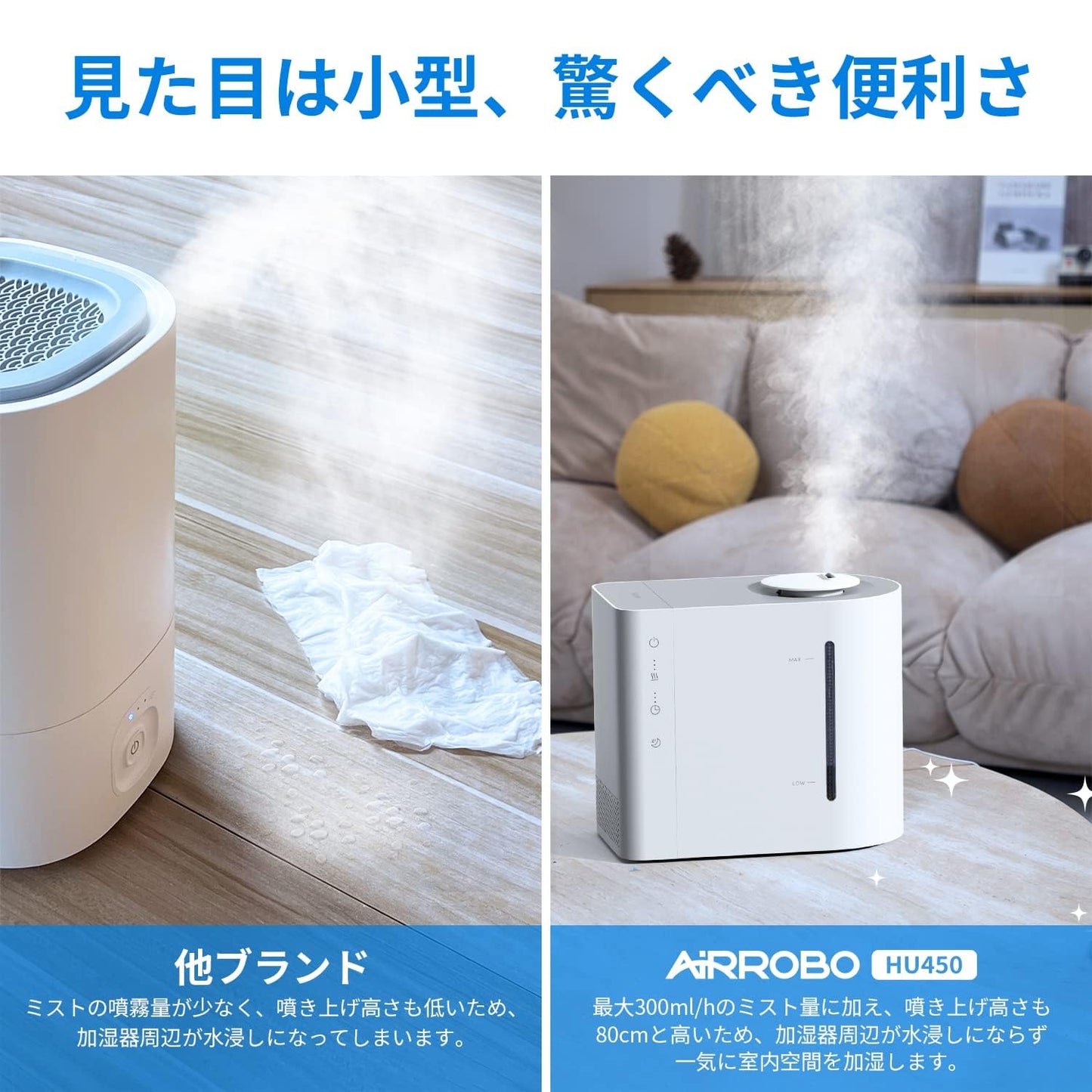 AIRROBO HU450 加湿器 卓上 加湿量最大300ml/h 4.3L大容量 28畳対応 26dB 静音 超音波式 43時間連続稼働 上から給水 次亜塩素酸水対応 お手入れ簡単 ミスト量3段階調整 空焚き防止 水漏れ防止 乾燥対策 加湿機 AIRROBO(エアロボ) (Large) ホワイト