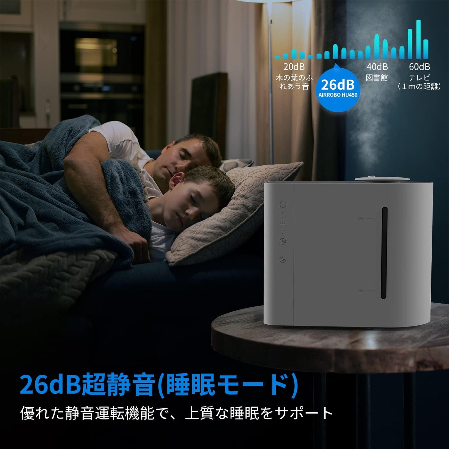 AIRROBO HU450 加湿器 卓上 加湿量最大300ml/h 4.3L大容量 28畳対応 26dB 静音 超音波式 43時間連続稼働 上から給水 次亜塩素酸水対応 お手入れ簡単 ミスト量3段階調整 空焚き防止 水漏れ防止 乾燥対策 加湿機 AIRROBO(エアロボ) (Large) ホワイト