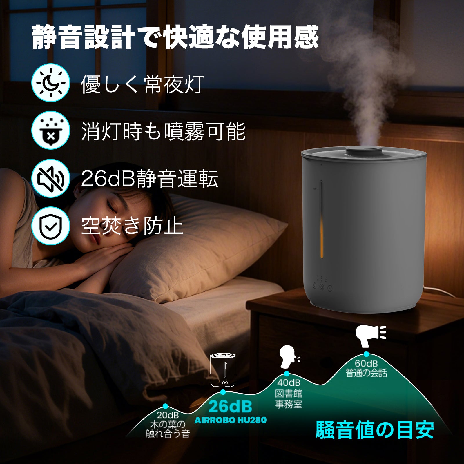 加湿器 超音波 AIRROBO HU280 卓上 大容量 超音波式 加湿量240ml/h 2.8L 26dB 静音 上から給水 アロマオイル 次亜塩素酸水対応 除菌 30時間連続稼働 お手入れ簡単 ミスト量3段階 乾燥対策 省エネ 寝室 オフィス