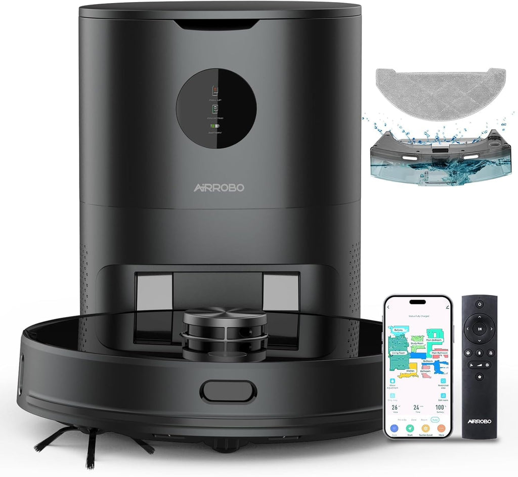 AIRROBO T10+ ロボット掃除機 自動ごみ収集 レーザーナビゲーション 2700Pa 超強力吸引 高精度マッピング 進入禁止エリア 自動 水拭き 2.4GWi-Fi対応 250分間連続稼働 自動充電 落下防止 衝突防止 床拭き 拭き掃除リモコン付き ロボットクリーナー