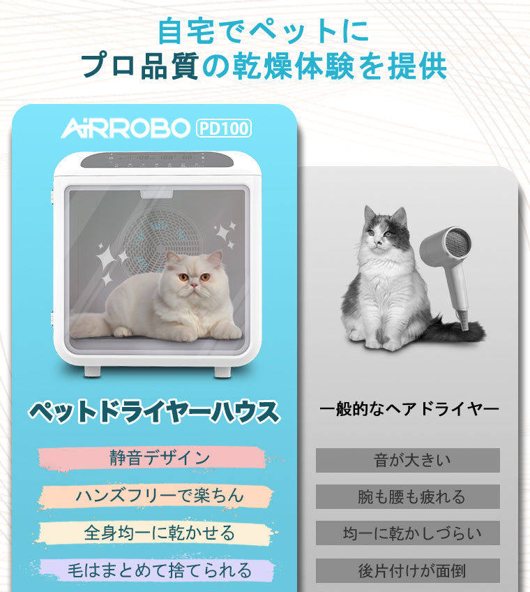 AIRROBO PD100ペットドライハウス 72L大容量 ペット 犬 猫 ドライヤー 快適 乾燥 ボックス 多頭用 ドライハウス お風呂後 自動速乾 毛が飛び散らない 過熱保護 風力/温度調節 簡単設定 静音
